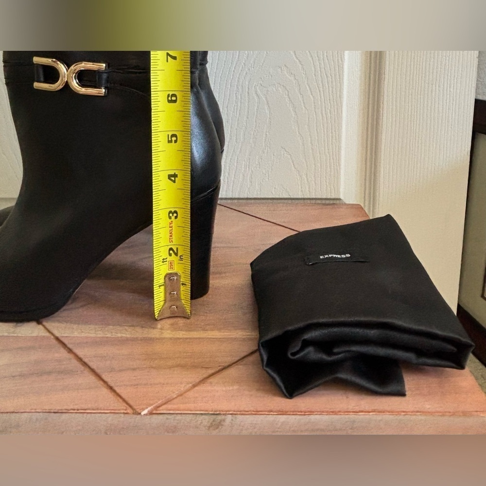 Express Black Genuine Leather Heeled Boots with Gold Accent - Picture 6 of 8